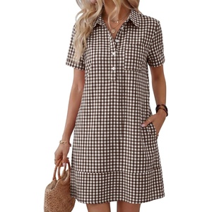 image:imageANRABESS Womens Summer Shirt Dresses  Lightweight Breathable Short Sleeve Button Polo Collar Tshirt Dress Daily Beach Work Outfits Spring Fall ClothesBrown White Plaid