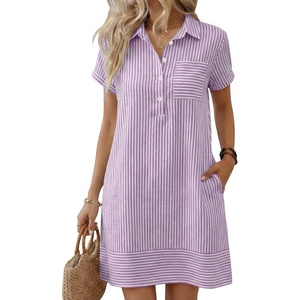 image:imageANRABESS Womens Summer Shirt Dresses  Lightweight Breathable Short Sleeve Button Polo Collar Tshirt Dress Daily Beach Work Outfits Spring Fall ClothesPurple White Stripe