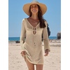 image:imageANRABESS Womens Crochet Swimsuit Cover Up V Neck Mesh Knit Beach Dress Long Sleeve Summer Vacation BeachwearBeige