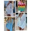 image:imageANRABESS Womens Crochet Swimsuit Cover Up V Neck Mesh Knit Beach Dress Long Sleeve Summer Vacation BeachwearRainbow Stripe