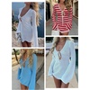 image:imageANRABESS Womens Crochet Swimsuit Cover Up V Neck Mesh Knit Beach Dress Long Sleeve Summer Vacation BeachwearRed White Stripe