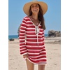 image:imageANRABESS Womens Crochet Swimsuit Cover Up V Neck Mesh Knit Beach Dress Long Sleeve Summer Vacation BeachwearRed White Stripe