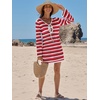 image:imageANRABESS Womens Crochet Swimsuit Cover Up V Neck Mesh Knit Beach Dress Long Sleeve Summer Vacation BeachwearRed White Stripe