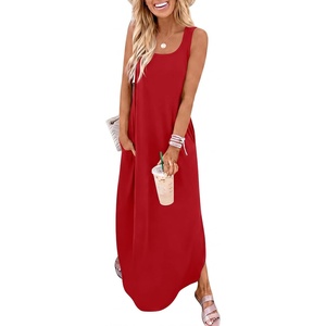 image:imageANRABESS Summer Dresses for Women 2026 Sleeveless Square Neck Maxi Beach Sundress Loose Fit Casual Vacation Tank DressRed