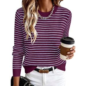image:imageANRABESS Women Long Sleeve Striped Sweater Top  Crochet Knit Crew Neck Pullover Comfy Soft Clothing Casual Daily Wear Work Travel amp Vacation Fall Spring Trendy OutfitsDark Magnta Blue