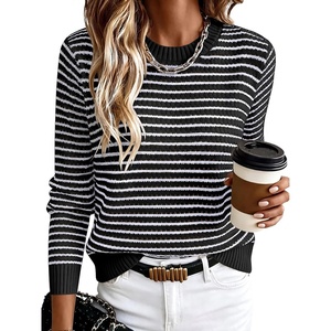 image:imageANRABESS Women Long Sleeve Striped Sweater Top  Crochet Knit Crew Neck Pullover Comfy Soft Clothing Casual Daily Wear Work Travel amp Vacation Fall Spring Trendy OutfitsBlack White