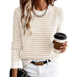 image:imageANRABESS Women Long Sleeve Striped Sweater Top  Crochet Knit Crew Neck Pullover Comfy Soft Clothing Casual Daily Wear Work Travel amp Vacation Fall Spring Trendy OutfitsWhite Apricot