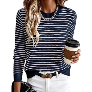 image:imageANRABESS Women Long Sleeve Striped Sweater Top  Crochet Knit Crew Neck Pullover Comfy Soft Clothing Casual Daily Wear Work Travel amp Vacation Fall Spring Trendy OutfitsNavy Blue White