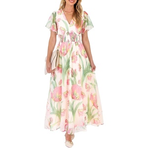 image:imageANRABESS Women Summer Floral Maxi Dress Short Sleeve Boho Flowy Tulle Beach Vacation Wedding Guest 2026 Party Long DressesPink Green Floral