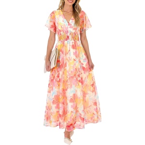 image:imageANRABESS Women Summer Floral Maxi Dress Short Sleeve Boho Flowy Tulle Beach Vacation Wedding Guest 2026 Party Long DressesPink Yellow Floral