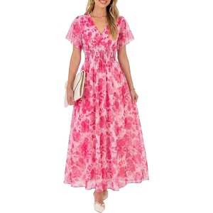 image:imageANRABESS Women Summer Floral Maxi Dress Short Sleeve Boho Flowy Tulle Beach Vacation Wedding Guest 2026 Party Long DressesWhite Hot Pink Floral