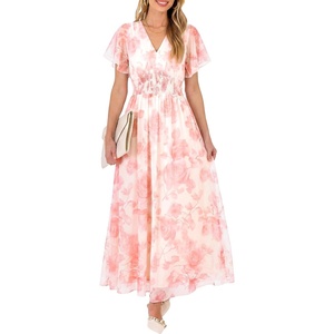 image:imageANRABESS Women Summer Floral Maxi Dress Short Sleeve Boho Flowy Tulle Beach Vacation Wedding Guest 2026 Party Long DressesWhite Pink Floral