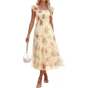 image:imageANRABESS Women Summer Floral Midi Dress Sleeveless Boho Flowy Smocked RuffleTulle Beach Vacation Wedding Guest Party DressesMulticolored Rose Apricot
