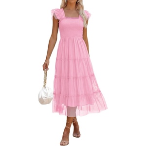 image:imageANRABESS Women Summer Floral Midi Dress Sleeveless Boho Flowy Smocked RuffleTulle Beach Vacation Wedding Guest Party DressesPink