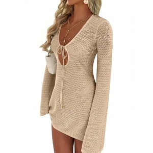 image:imageANRABESS Womens Crochet Swimsuit Cover Up V Neck Mesh Knit Beach Dress Long Sleeve Summer Vacation BeachwearBeige