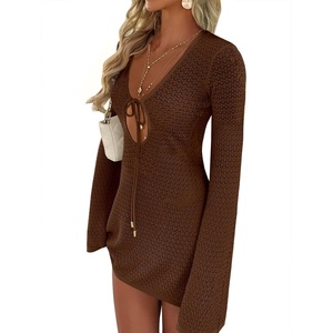 image:imageANRABESS Womens Crochet Swimsuit Cover Up V Neck Mesh Knit Beach Dress Long Sleeve Summer Vacation BeachwearBrown