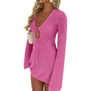 image:imageANRABESS Womens Crochet Swimsuit Cover Up V Neck Mesh Knit Beach Dress Long Sleeve Summer Vacation BeachwearHot Pink
