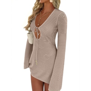 image:imageANRABESS Womens Crochet Swimsuit Cover Up V Neck Mesh Knit Beach Dress Long Sleeve Summer Vacation BeachwearKhaki