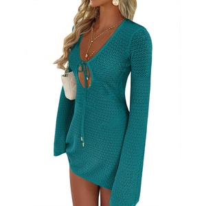 image:imageANRABESS Womens Crochet Swimsuit Cover Up V Neck Mesh Knit Beach Dress Long Sleeve Summer Vacation BeachwearLake