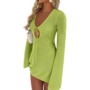 image:imageANRABESS Womens Crochet Swimsuit Cover Up V Neck Mesh Knit Beach Dress Long Sleeve Summer Vacation BeachwearNeon Green