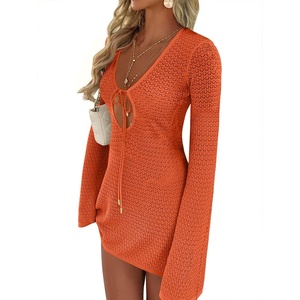 image:imageANRABESS Womens Crochet Swimsuit Cover Up V Neck Mesh Knit Beach Dress Long Sleeve Summer Vacation BeachwearOrange