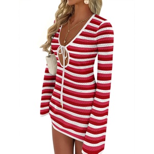 image:imageANRABESS Womens Crochet Swimsuit Cover Up V Neck Mesh Knit Beach Dress Long Sleeve Summer Vacation BeachwearRed White Stripe