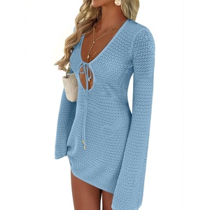 image:imageANRABESS Womens Crochet Swimsuit Cover Up V Neck Mesh Knit Beach Dress Long Sleeve Summer Vacation BeachwearSky
