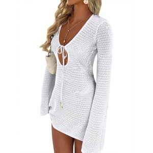 image:imageANRABESS Womens Crochet Swimsuit Cover Up V Neck Mesh Knit Beach Dress Long Sleeve Summer Vacation BeachwearWhite