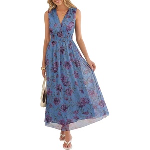 image:imageANRABESS Womens Floral Tulle Wedding Guest Maxi Dress  V Neck SleevelessALine Elastic WaistCasual Flowy Formal BohoBridal Shower Garden Party Beach VacationSummer FallMulticolored Rose Blue