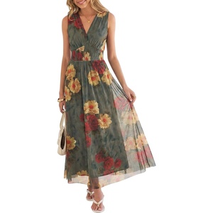 image:imageANRABESS Womens Floral Tulle Wedding Guest Maxi Dress  V Neck SleevelessALine Elastic WaistCasual Flowy Formal BohoBridal Shower Garden Party Beach VacationSummer FallRed Yellow Rose