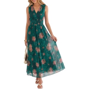 image:imageANRABESS Womens Floral Tulle Wedding Guest Maxi Dress  V Neck SleevelessALine Elastic WaistCasual Flowy Formal BohoBridal Shower Garden Party Beach VacationSummer FallOrange Floral Dark Green