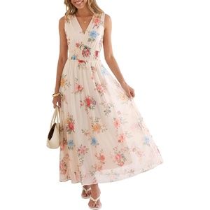 image:imageANRABESS Womens Floral Tulle Wedding Guest Maxi Dress  V Neck SleevelessALine Elastic WaistCasual Flowy Formal BohoBridal Shower Garden Party Beach VacationSummer FallMulticolored Rose Apricot