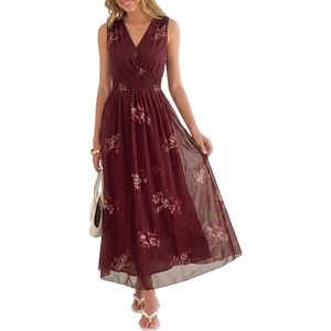 image:imageANRABESS Womens Floral Tulle Wedding Guest Maxi Dress  V Neck SleevelessALine Elastic WaistCasual Flowy Formal BohoBridal Shower Garden Party Beach VacationSummer FallPink Floral Wine Red