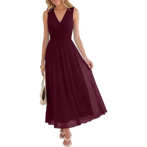image:imageANRABESS Womens Floral Tulle Wedding Guest Maxi Dress  V Neck SleevelessALine Elastic WaistCasual Flowy Formal BohoBridal Shower Garden Party Beach VacationSummer FallWine Red