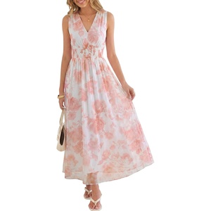 image:imageANRABESS Womens Floral Tulle Wedding Guest Maxi Dress  V Neck SleevelessALine Elastic WaistCasual Flowy Formal BohoBridal Shower Garden Party Beach VacationSummer FallPink Floral White