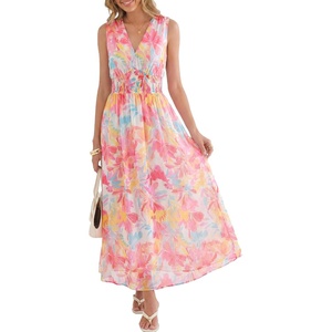 image:imageANRABESS Womens Floral Tulle Wedding Guest Maxi Dress  V Neck SleevelessALine Elastic WaistCasual Flowy Formal BohoBridal Shower Garden Party Beach VacationSummer FallYellow Pink Floral White