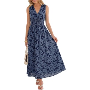 image:imageANRABESS Womens Floral Tulle Wedding Guest Maxi Dress  V Neck SleevelessALine Elastic WaistCasual Flowy Formal BohoBridal Shower Garden Party Beach VacationSummer FallDusty Blue