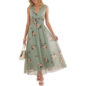 image:imageANRABESS Womens Floral Tulle Wedding Guest Maxi Dress  V Neck SleevelessALine Elastic WaistCasual Flowy Formal BohoBridal Shower Garden Party Beach VacationSummer FallFloral Green