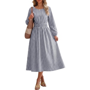 image:imageANRABESS Womens Long Sleeve Midi Dress Striped Fall Casual Dress  Elastic Waist Flowy A Line Dresses With Pockets Work Travel Beach Vacation Clothes Lightweight Breathable Summer OutfitsNavy White Stripe