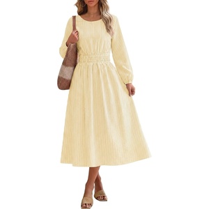 image:imageANRABESS Womens Long Sleeve Midi Dress Striped Fall Casual Dress  Elastic Waist Flowy A Line Dresses With Pockets Work Travel Beach Vacation Clothes Lightweight Breathable Summer OutfitsYellow White Stripe