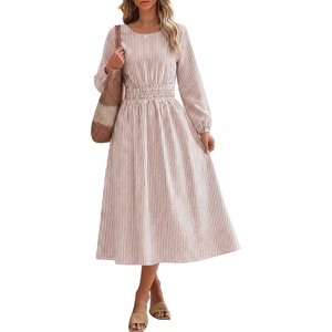 image:imageANRABESS Womens Long Sleeve Midi Dress Striped Fall Casual Dress  Elastic Waist Flowy A Line Dresses With Pockets Work Travel Beach Vacation Clothes Lightweight Breathable Summer OutfitsLight Brown White Stripe