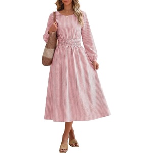 image:imageANRABESS Womens Long Sleeve Midi Dress Striped Fall Casual Dress  Elastic Waist Flowy A Line Dresses With Pockets Work Travel Beach Vacation Clothes Lightweight Breathable Summer OutfitsLightcoral White Stripe