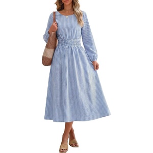 image:imageANRABESS Womens Long Sleeve Midi Dress Striped Fall Casual Dress  Elastic Waist Flowy A Line Dresses With Pockets Work Travel Beach Vacation Clothes Lightweight Breathable Summer OutfitsBlue White Stripe