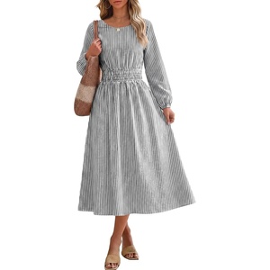 image:imageANRABESS Womens Long Sleeve Midi Dress Striped Fall Casual Dress  Elastic Waist Flowy A Line Dresses With Pockets Work Travel Beach Vacation Clothes Lightweight Breathable Summer OutfitsBlack White Stripe