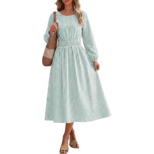 image:imageANRABESS Womens Long Sleeve Midi Dress Striped Fall Casual Dress  Elastic Waist Flowy A Line Dresses With Pockets Work Travel Beach Vacation Clothes Lightweight Breathable Summer OutfitsGreen White Stripe