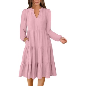image:imageANRABESS Womens Long Sleeve Midi Dresses  V Neck Swing Tiered Dress Beach Vacation Work Business Casual 2026 Fall Summer Flowy OutfitBright Pink