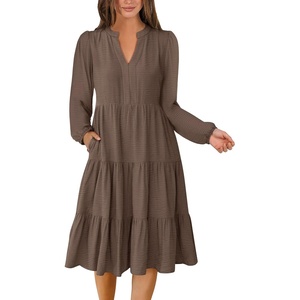 image:imageANRABESS Womens Long Sleeve Midi Dresses  V Neck Swing Tiered Dress Beach Vacation Work Business Casual 2026 Fall Summer Flowy OutfitBrown