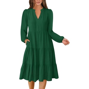 image:imageANRABESS Womens Long Sleeve Midi Dresses  V Neck Swing Tiered Dress Beach Vacation Work Business Casual 2026 Fall Summer Flowy OutfitForest Green