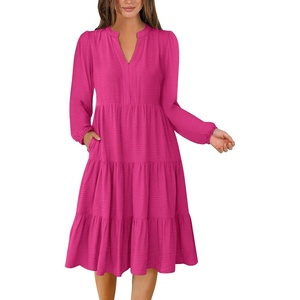image:imageANRABESS Womens Long Sleeve Midi Dresses  V Neck Swing Tiered Dress Beach Vacation Work Business Casual 2026 Fall Summer Flowy OutfitHot Pink