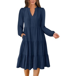 image:imageANRABESS Womens Long Sleeve Midi Dresses  V Neck Swing Tiered Dress Beach Vacation Work Business Casual 2026 Fall Summer Flowy OutfitNavy Blue